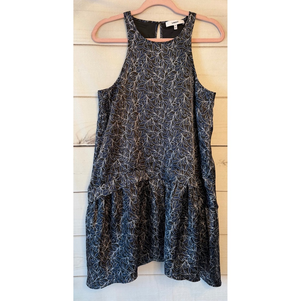 Likely Navy Blue Leaf Print Halter Drop Waist Ruffle Mini Dress Size Medium